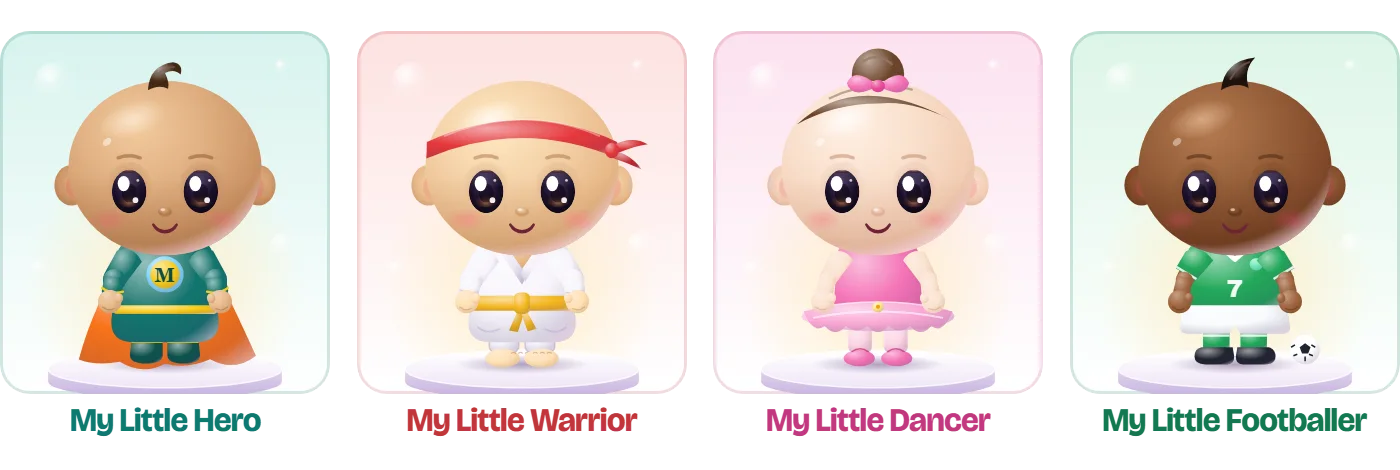 My Little Hero, My Little Warrior, My Little Dancer and My Little Footballer, side by side, each named underneath.