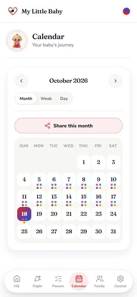 The app's calendar for October, with coloured dots on each day that has logs.
