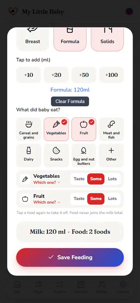 The app's Log Feeding screen: 120 ml of formula, with vegetables and fruit chosen as first foods.