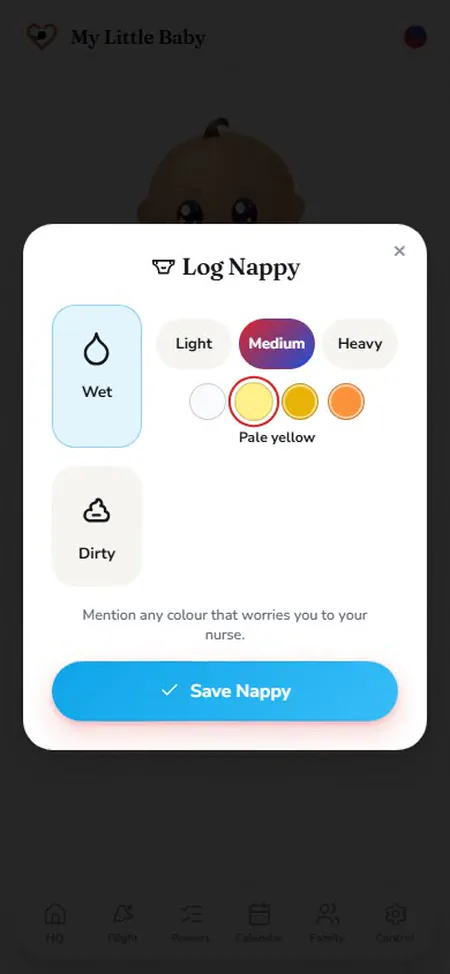 The app's Log Nappy screen: wet, medium, with pale yellow chosen as the colour.