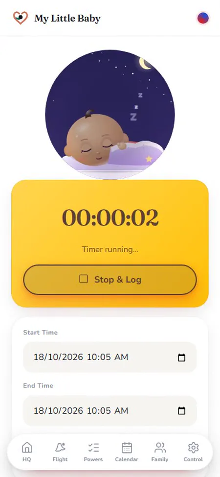 The app's sleep timer, running, with start and end times underneath.