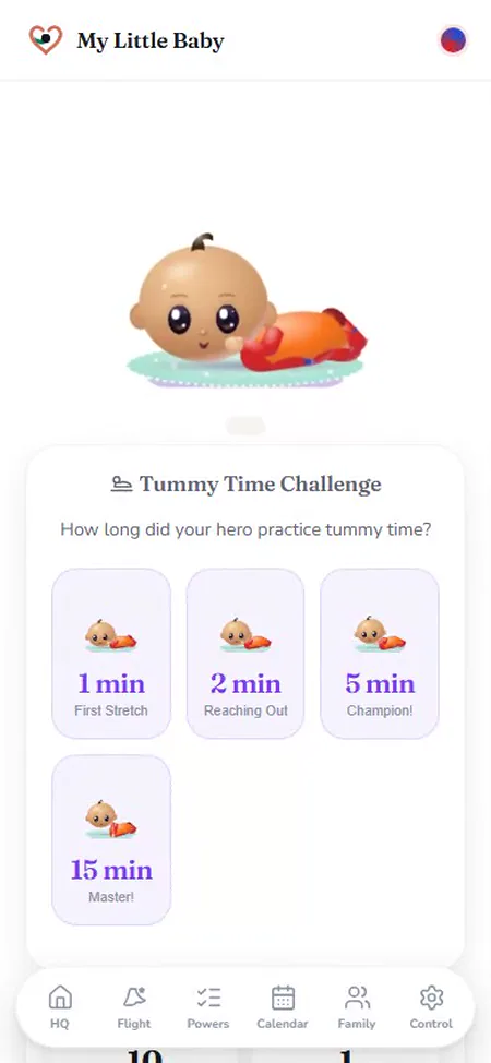 The app's Tummy Time screen: the baby on the mat, with buttons for 1, 2, 5 and 15 minutes.